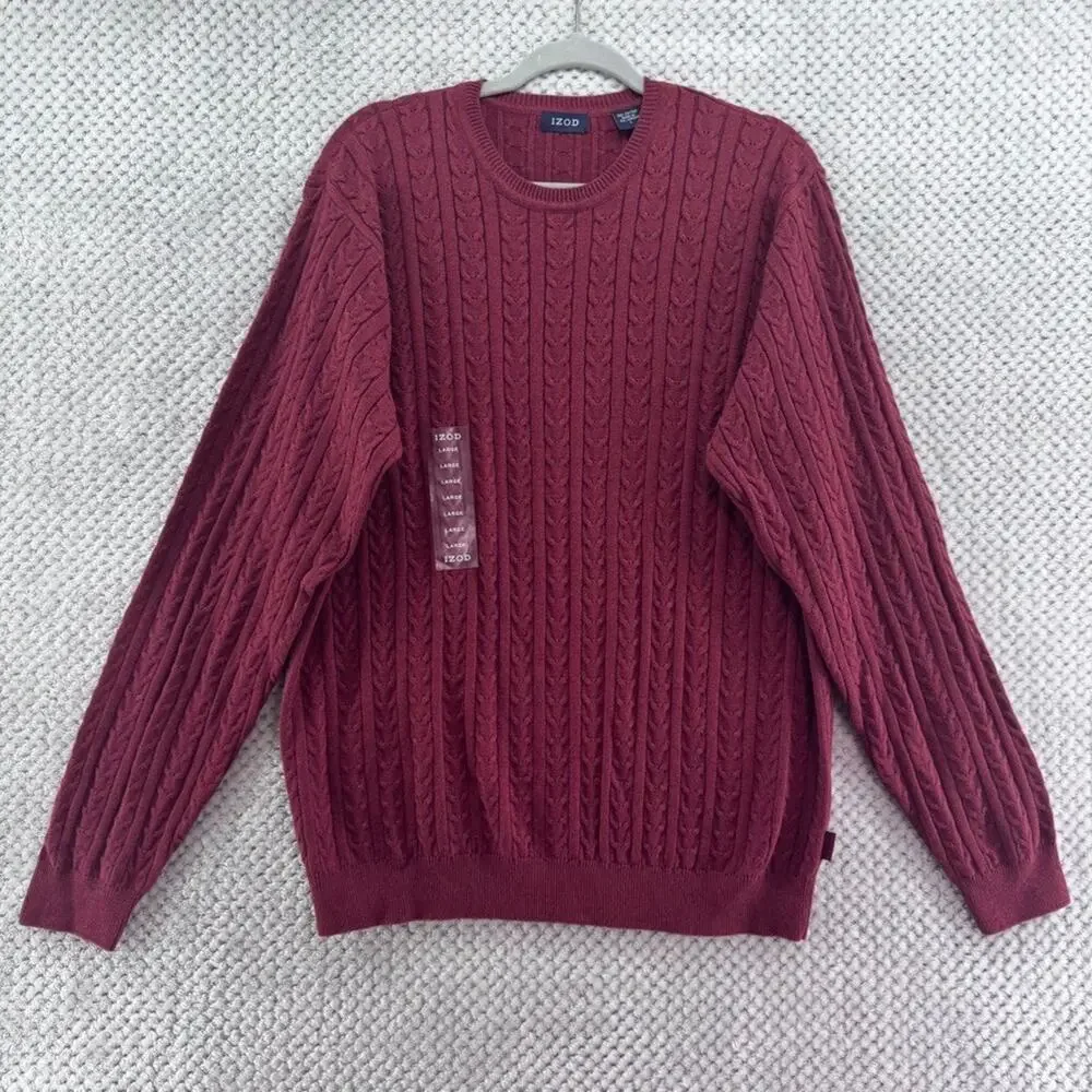 IZOD Sweater Mens L Burgundy Red Cotton Cable Knit Crew Neck Preppy Casual
